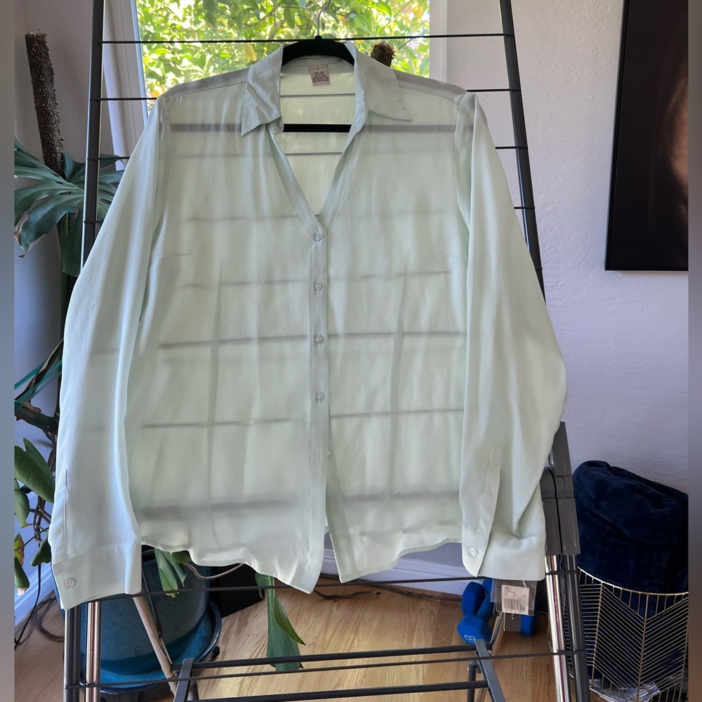 Light Mint Green Washable Silk Button down Shirt -Size L